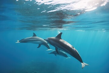 A family of dolphins swimming in the ocea