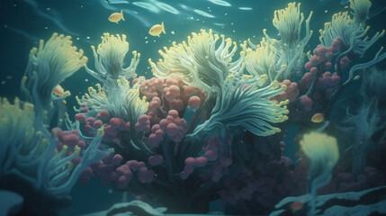 Obraz premium Colorful Blooms Beneath the Waves: Discovering Underwater Flowers. Generative AI