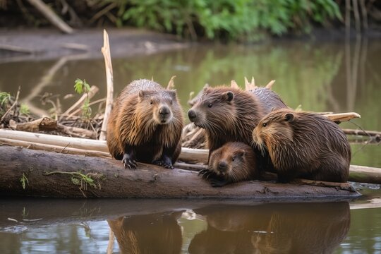 A family of beavers building a da
