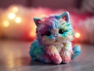 toy cat kitten plush, stuffed soft cuddly plushies, blurred magical sparkles and dream lights background, generative ai
