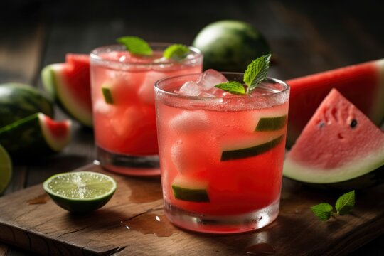 watermelon ice fruity cocktail and summertime smoothie drink refreshment beverage, generative ai