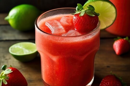 strawberry lime fruity cocktail and summertime smoothie drink refreshment beverage, generative ai