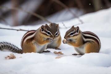 A family of chipmunks gathering food for winte