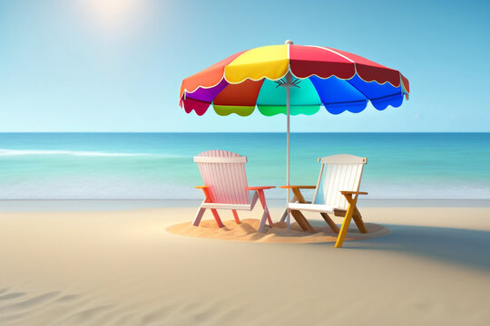 A colorful beach umbrella and two chairs on a beach. Generative Ai