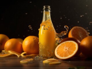 Fototapeta na wymiar organic orange lemon sparkling juice poured out in glass , simple elegant fancy blue background, crafted tropical drink, generative ai