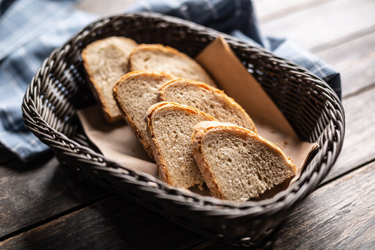 Slices of bread served in a basket in a rustic environment