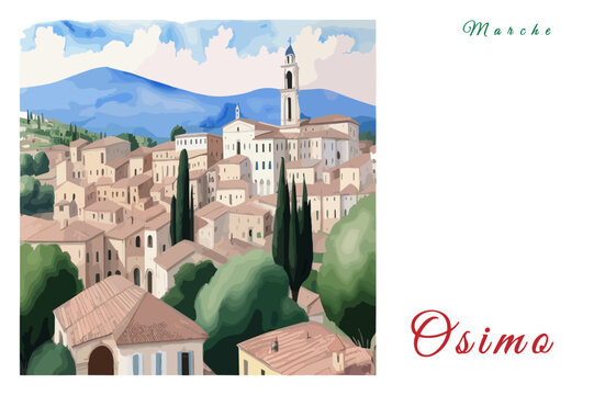Osimo: Poster with the name of the Italian city Osimo and a water color illustration