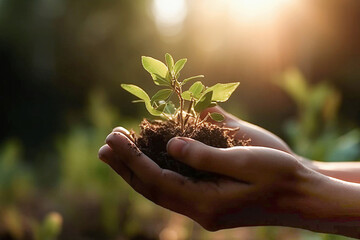 Fototapeta premium AI generative. Hand holding young plant
