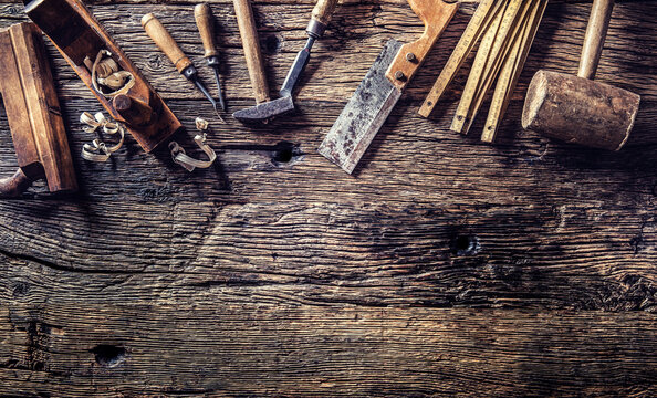 Top of view vintage carpenter tools in a carpentry workshop