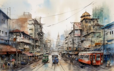 Illustration freehand watercolor drawing and painting of Bangkok, Siam town, Thailand, Generative AI.