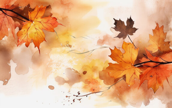 Watercolor abstract background autumn collection with maple and seasonal leaves. Hand-painted watercolor natural art, Generative AI.