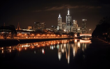 Fototapeta na wymiar Skyline of Melbourne, Australia across the Yarra River at night , Generative AI.