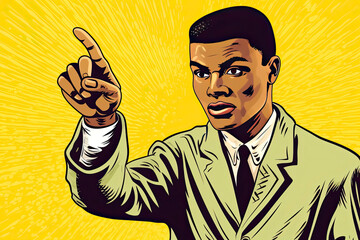 young man points fingers. African American people. Pop art retro vector illustration kitsch vintage drawing