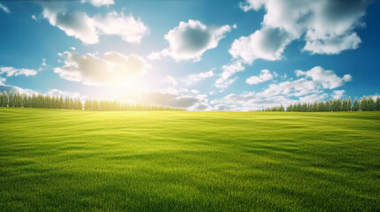 Fototapeta na wymiar Land scape image of Extensive lawn and blue sky, white clouds and the sun on the horizon. Generative Ai