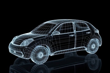 Fototapeta na wymiar Augmented reality of wireframe car concept on the road and futuristic city on the background. Professional 3d rendering