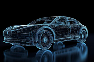 Augmented reality of wireframe car concept on the road and futuristic city on the background. Professional 3d rendering