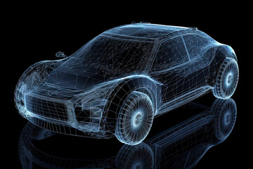 Naklejka na ściany i meble Augmented reality of wireframe car concept on the road and futuristic city on the background. Professional 3d rendering