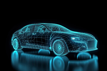 Augmented reality of wireframe car concept on the road and futuristic city on the background. Professional 3d rendering