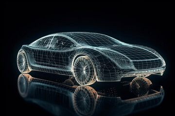 Naklejka premium Augmented reality of wireframe car concept on the road and futuristic city on the background. Professional 3d rendering