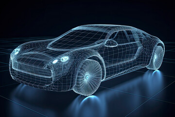 Naklejka premium Augmented reality of wireframe car concept on the road and futuristic city on the background. Professional 3d rendering