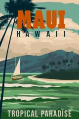 Fotobehang Maui Hawaii vintage travel poster. Tropical island, beach, palms, © hadeev