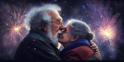 hugging happiness senior couple while fireworks coloring the sky. Glorious Generative AI. Generative AI