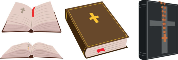 Set of Bible books in cartoon style. Vector illustration of Holy Scripture open and closed book with red bookmark and cross, rosaries isolated on white background. Christian book. Religion.