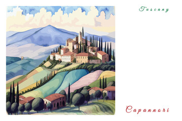 Capannori: Poster with the name of the Italian city Capannori and a water color illustration - obrazy, fototapety, plakaty
