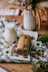 Milk and cookies on table with decoration 