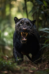 Naklejka na ściany i meble Wild black panthera roaring aggressively. Jungle forest running generative ai