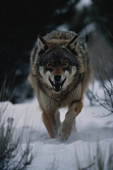 Gray wolf in a snowy forest. Wild animal aggressively running towards the camera generate ai