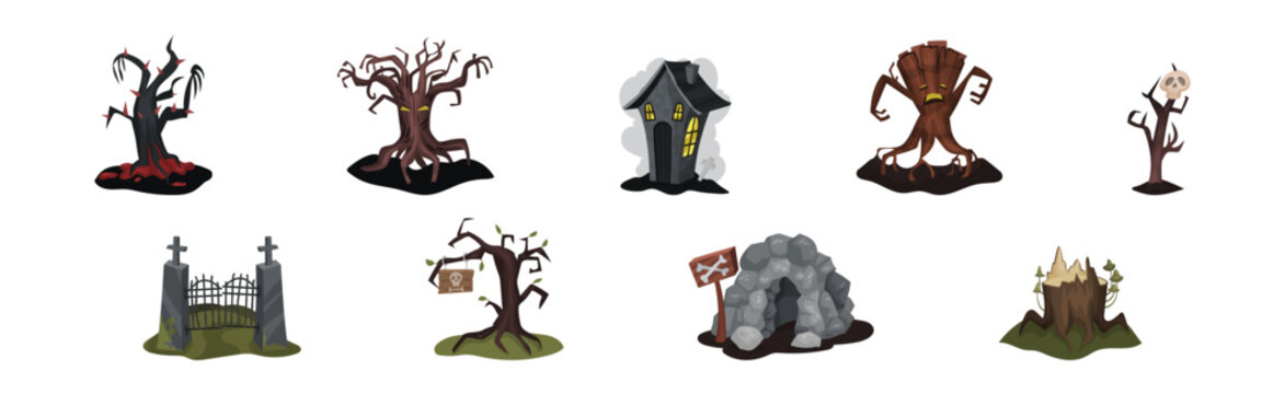 Gloomy Halloween Tree, House and Cave Vector Set