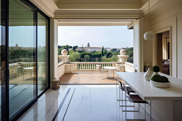 Fototapeta na wymiar Hotel terrace with beautiful European view, Generative AI