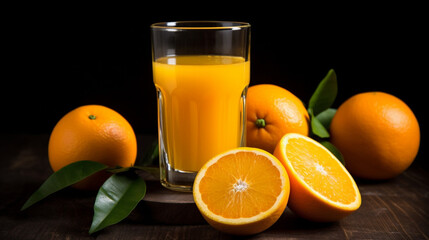 frischer Orangensaft mit Orangen und geschnittenen Orangen bei dunklem Hintergrund. Generative Ai.