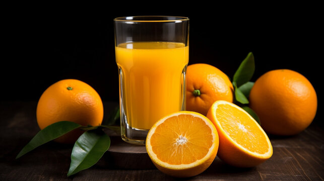 frischer Orangensaft mit Orangen und geschnittenen Orangen bei dunklem Hintergrund. Generative Ai.