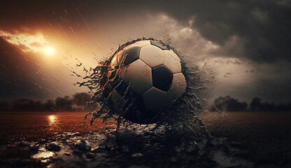 Concept of playing football or soccer in winter. Ball flying through mud and water with dark skies and sunlight in background. Generative AI