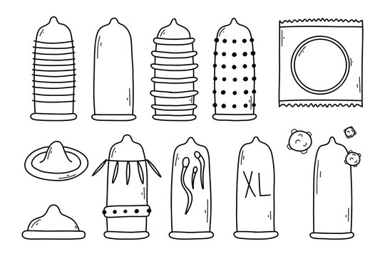 Set of condoms in doodle style. Vector illustration. Collection of different types of condoms. Linear style. Type of contraception.