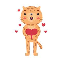 Cute Little Jaguar with Spotted Fur Holding Red Heart Feeling Love Vector Illustration