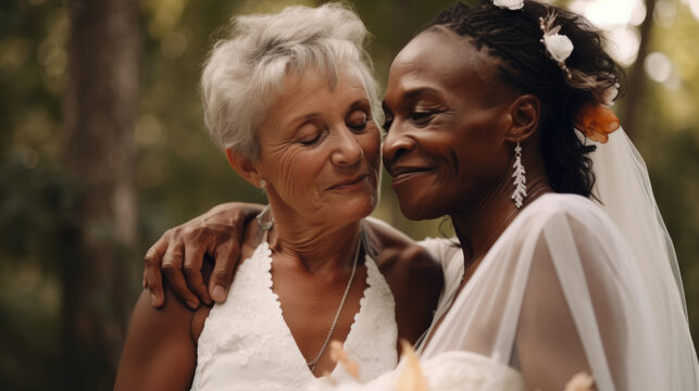 Old women lesbian couple. marrage Black and Caucasian female bride in love. LGBT pride month celebration generative ai