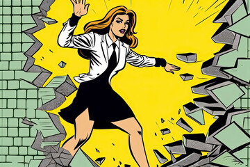 Business success, businesswoman breaks the wall. Retro style pop art