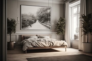 3D rendered Scandinavian style poster frame in bedroom. Generative AI