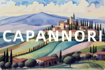 Capannori: Beautiful painting of an Italian village with the name Capannori in Tuscany - obrazy, fototapety, plakaty