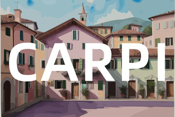 Carpi: Beautiful painting of an Italian village with the name Carpi in Emilia-Romagna - obrazy, fototapety, plakaty