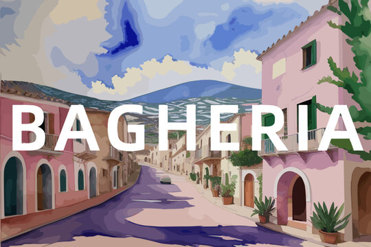 Bagheria: Beautiful painting of an Italian village with the name Bagheria in Sicilia