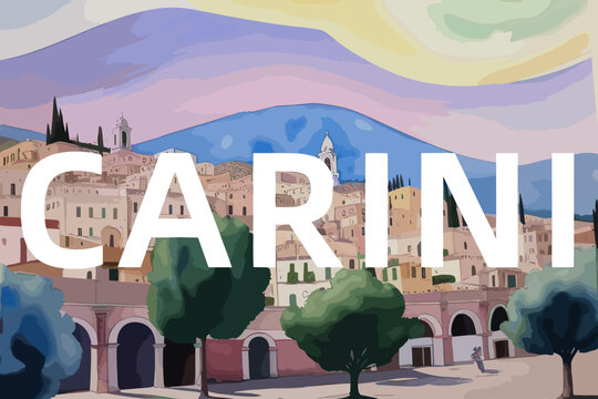 Carini: Beautiful painting of an Italian village with the name Carini in Sicilia