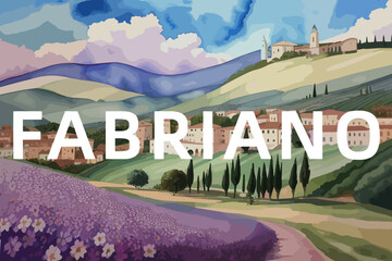 Fabriano: Beautiful painting of an Italian village with the name Fabriano in Marche - obrazy, fototapety, plakaty