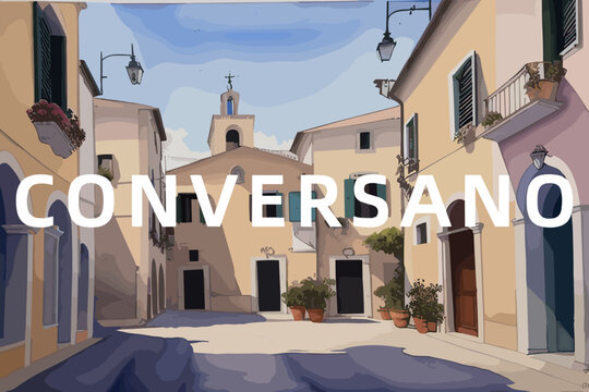 Conversano: Beautiful painting of an Italian village with the name Conversano in Puglia