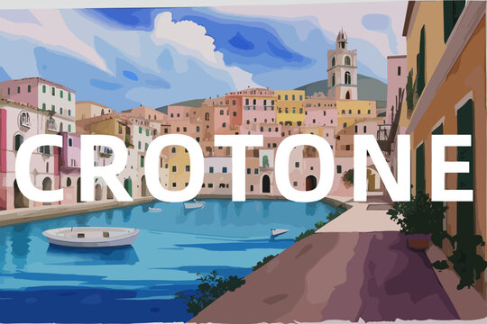 Crotone: Beautiful painting of an Italian village with the name Crotone in Calabria