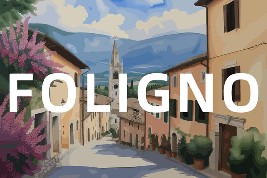 Foligno: Beautiful painting of an Italian village with the name Foligno in Umbria