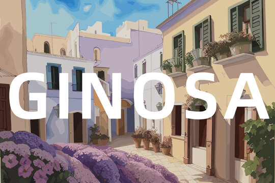 Ginosa: Beautiful painting of an Italian village with the name Ginosa in Puglia